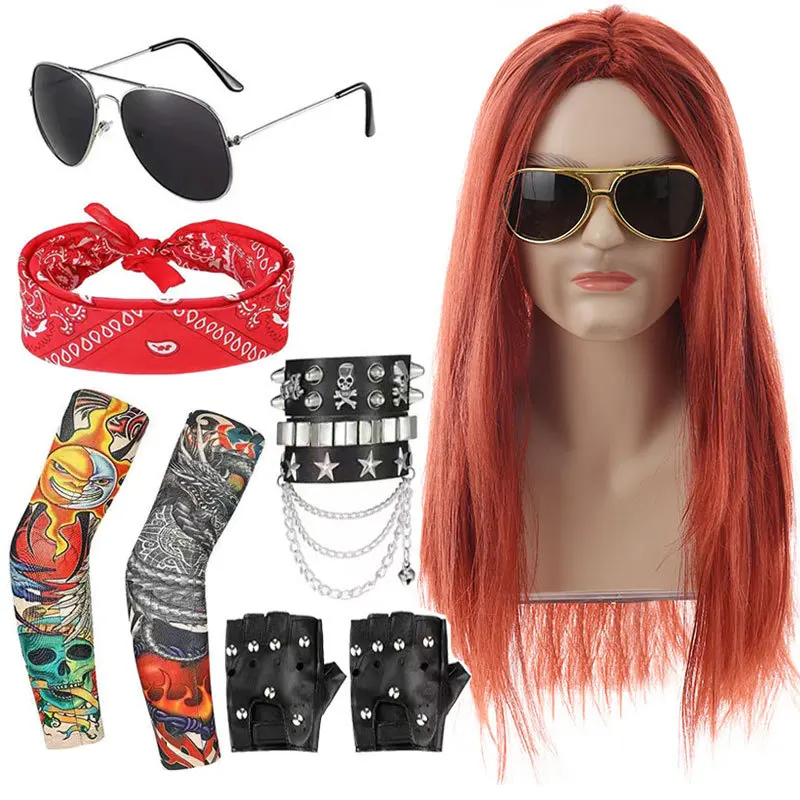 70s 80s Rocker Pun Costume Heavy Metal Wig Men Women Hippie Wig with Bandana Sunglasses Punk Gloves Tattoo Sleeves