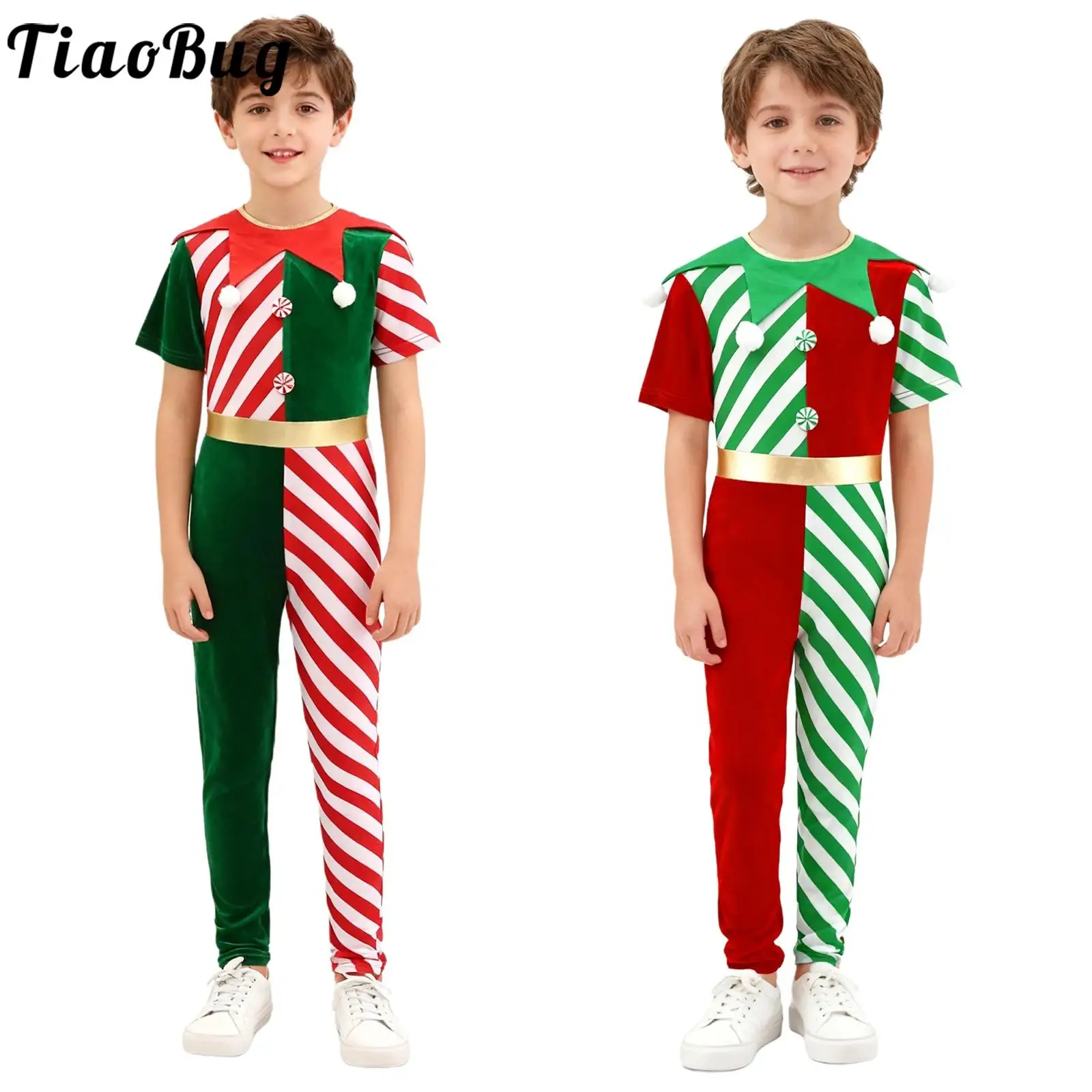 

Boys Girls Christmas Elf Costumes Stripe Santa Claus Pompom Rompers Long Pants Jumpsuit with Zipper for Festival Party Cosplay