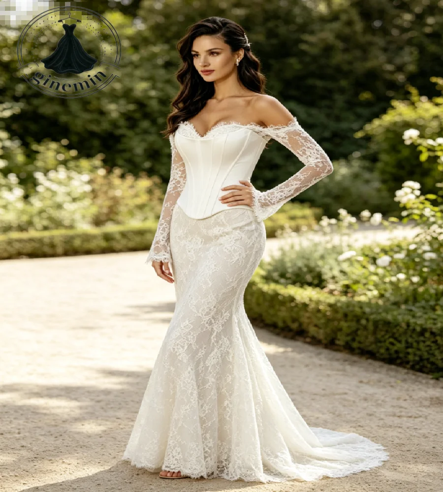 Romantic Off Shoulder Lace Bohemian Wedding Dress 2027 Long Sleeve Civil Boho Bridal Gowns Separated Corset Celtic Customized