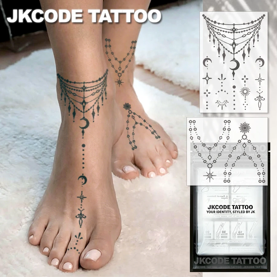 2-Piece Semi-Permanent Tattoo Set | Star and Moon Bracelet, Elegant Design, with Beads, Suitable for Hands and Ankles, Waterproof, Realistic Fake Tattoo, Plant Tattoo, Magic Tattoo, Lasts 1-2 Weeks, Ramadan Tattoo Suitable for Women, Perfect Gift.