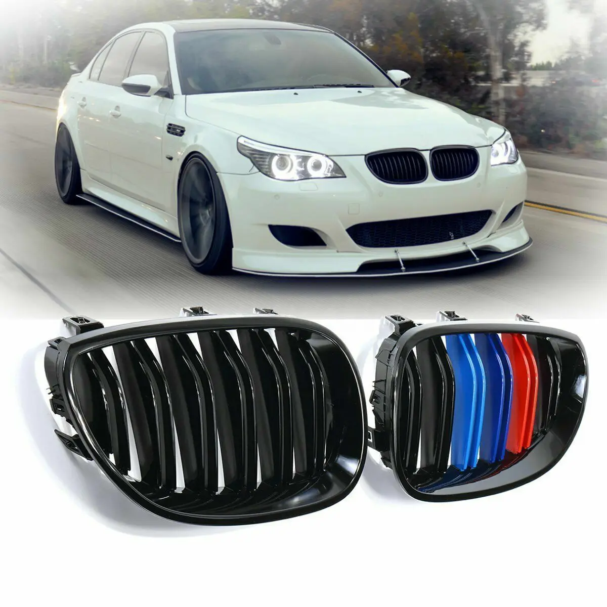 Car Front Bumper Grille Hood Mesh Kidney Racing Grill Grilles For BMW E60 E61 5 Series 02-09 M-Color Double-Slat Refit Body Kit