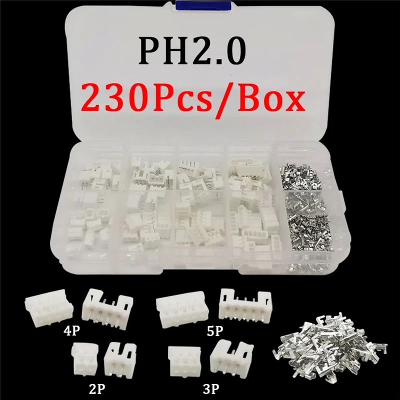 230pcs 40 sets PH2.0 2P 3P 4P 5pin 2.0MM straight pin/plastic shell/terminal JST connector