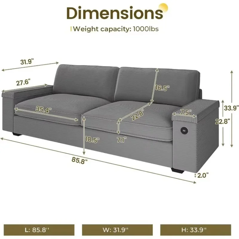 Modern Couch,Deep Seat Sofa with Storage and 2 USB Charging Ports, Removable Sofa Cover(Grey Corduroy)