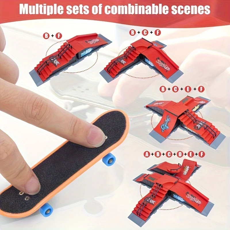 ミニフィンガースケートボードパークキット 6 in 1 スケートボードフィンガートイ 6つのフィンガースケートボード、6つのスケートパークデッキランプ、フィンガーバイクギフト付き
