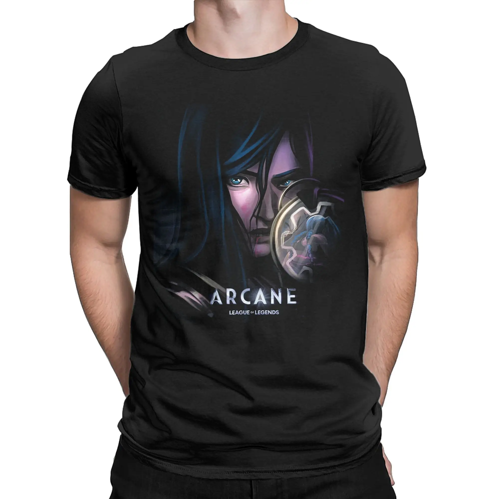 Awesome Arcane Season 2 Caitlyn T-Shirt Men O Neck Pure Cotton T Shirt Anime Game Short Sleeve Tees New Arrival merch