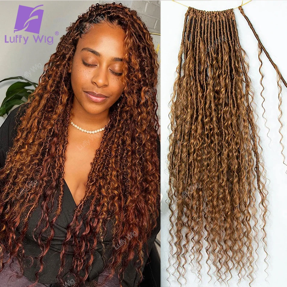 

Pre Looped Crochet Boho Locs With Human Hair Curls #30 Light Auburn Faux Goddess Braiding Hair With Human Hair Curly Ends Luffy