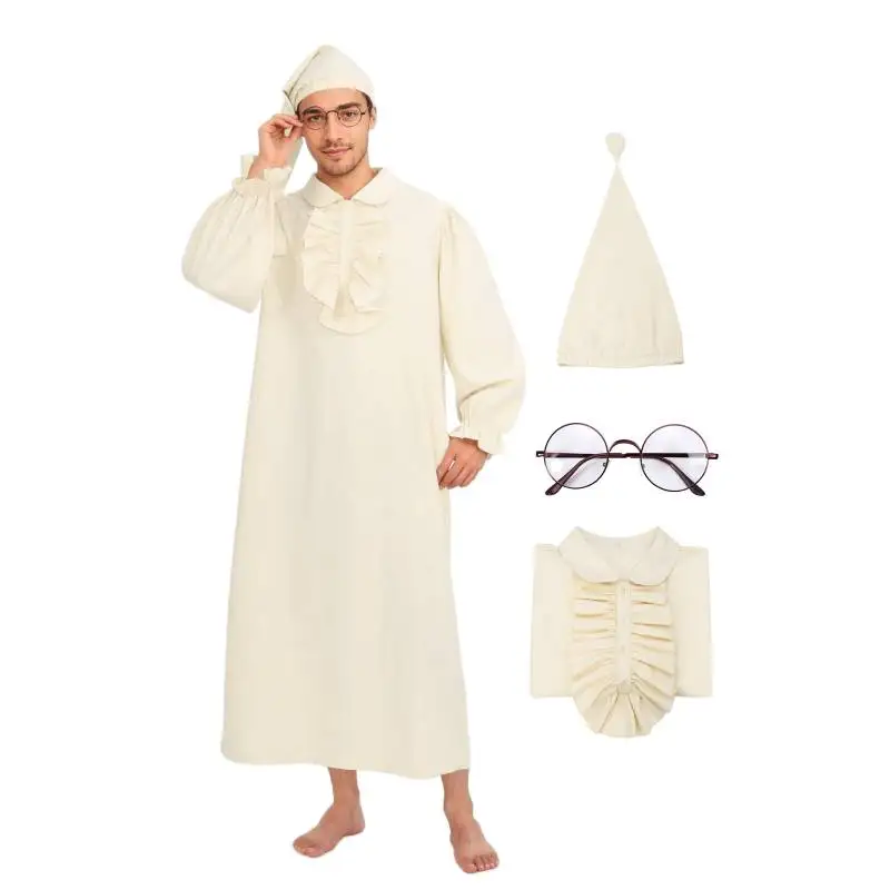 

WENAM Linen Men's Funny Pajama Set Victorian Renaissance Nightgown with Night Cap Glasses Halloween Cosplay Costumes