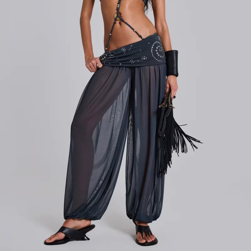 Women Chiffon Sheer Harem Pants Studded Adorn Fold Waist Mesh Balloon Pants Loose Fit Perspective Trousers Baggy Yoga Pants