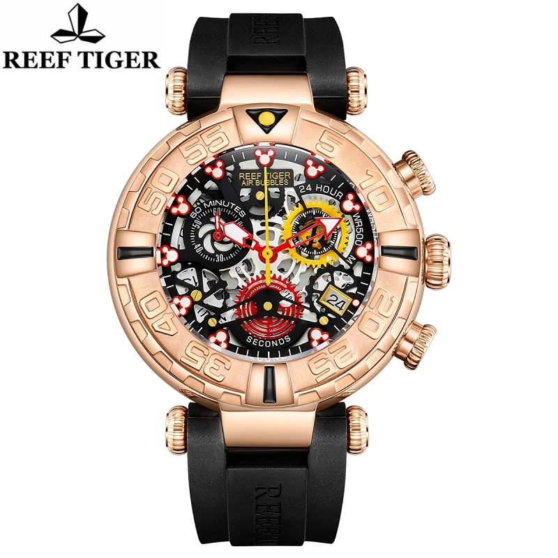 Reef Tiger/rt For Men Watch Chronograph Japan Quartz Male Wristwatch Date Panda 3d Stereo Skeleton Sapphire Crystal Reloj Hombre