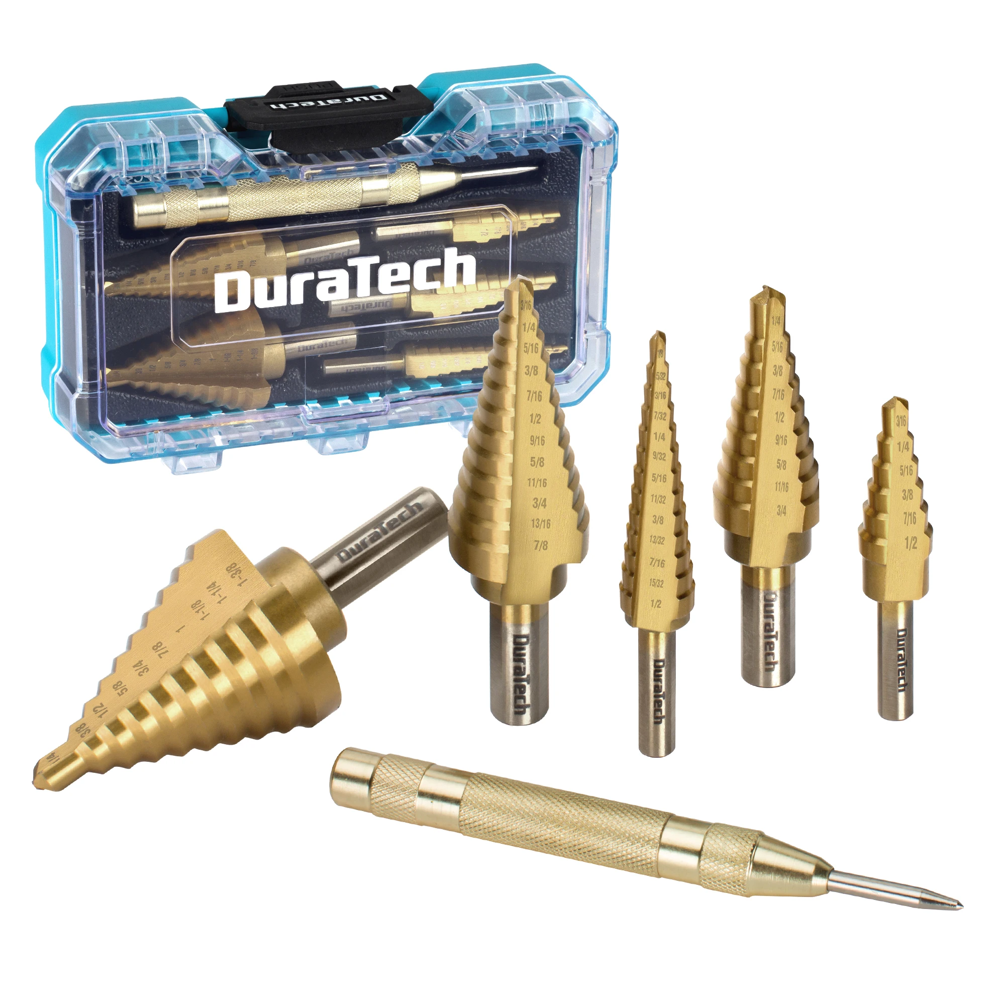 DURATECH 6PC Step Drill Bit Set with Automatic Center PunchTitanium Coated Double Flute Cutting Blades Step Drill Bits for Metal