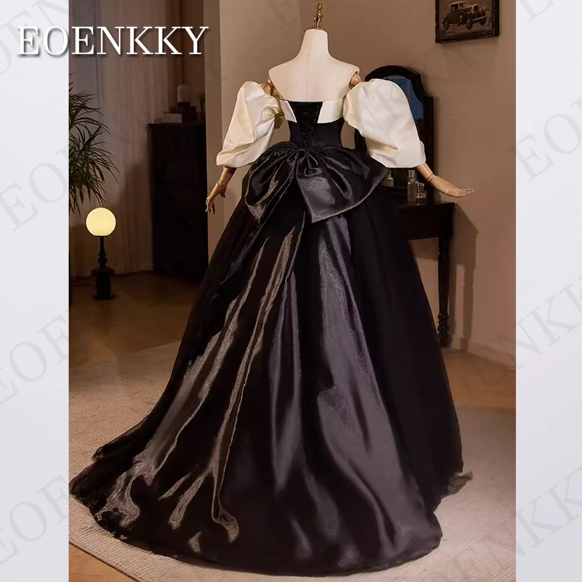 Puff Sleeves Black Prom Dresses 2024 Luxury Strapless Tulle A Line Performance Dress For Women With Satin Bow вечернее платье