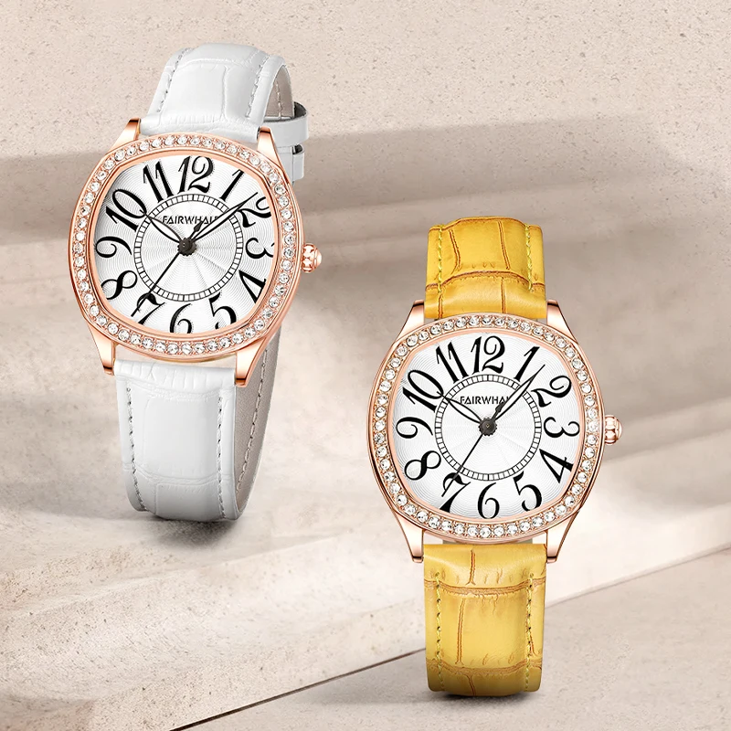 MARK FAIRWHALE FW-3440 Quartz Movement Watch Leather Strap Ladies Gifts Fashion Irregular Dial Watches For Women