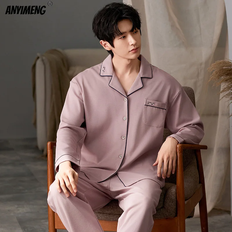 New Autumn Winter Cotton Lapel Pajamas for Men Long Sleeves Long Pants Pijamas Plus Size L-3XL Fashion Luxury Man Sleepwear