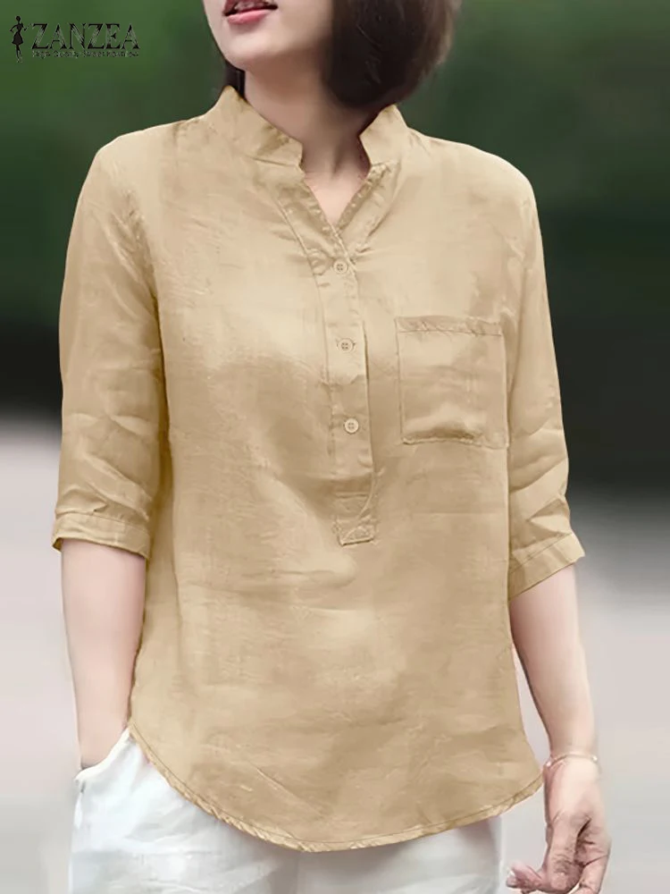 

ZANZEA, женские повседневные блузки с воротником-стойкой, осень 2023, однотонные топы с накладными карманами и рукавами 3/4, повседневная женская одежда 3XL