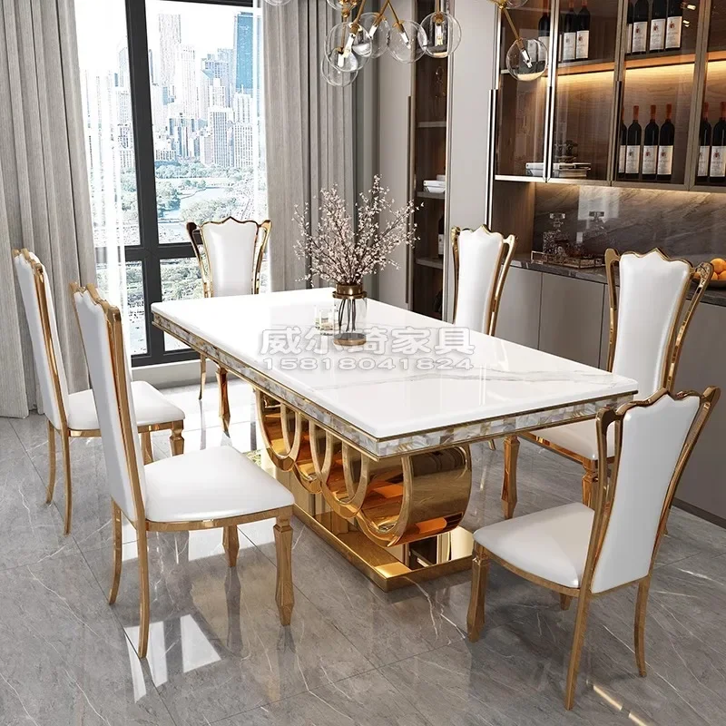 심플 로얄 스테인리스 스틸 식탁 세트 6인용 8인용 10인용 대리석 상판 골드 베이스 메탈 식탁 및 의자 세트 6인용