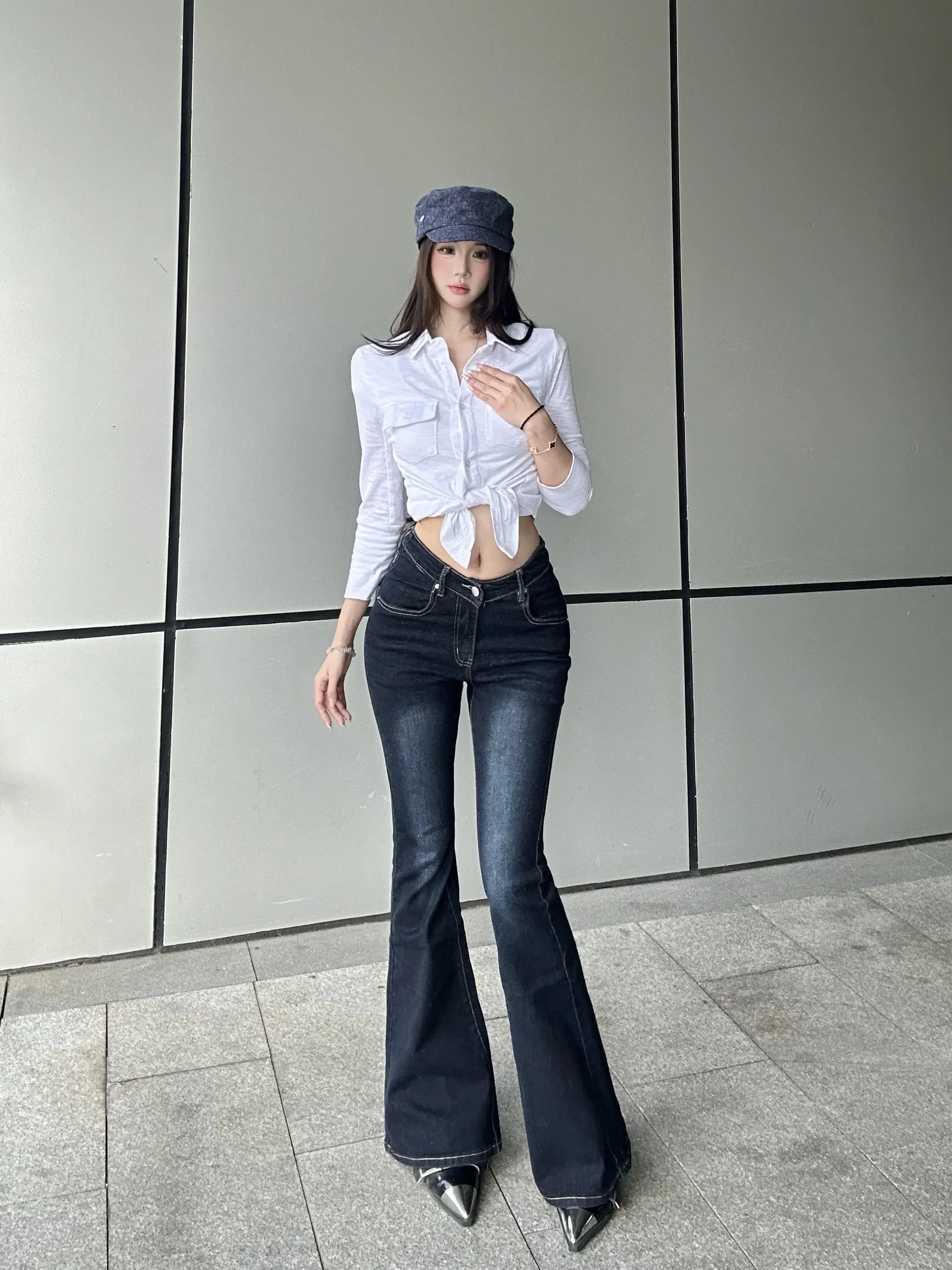 

High Waist Slimming Deep Blue Jeans Women's Bell Bot V Waist Design Lift Butt Retro Versatile Cotton Stretch Denim