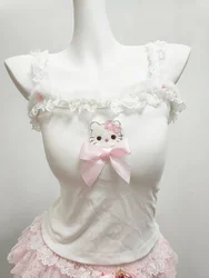 Cute Crop Tops Women Summer Pink Bows Decoration Lace Trim Y2K Cropped for Sweet Girls Lolita Style Kawaii Clothes