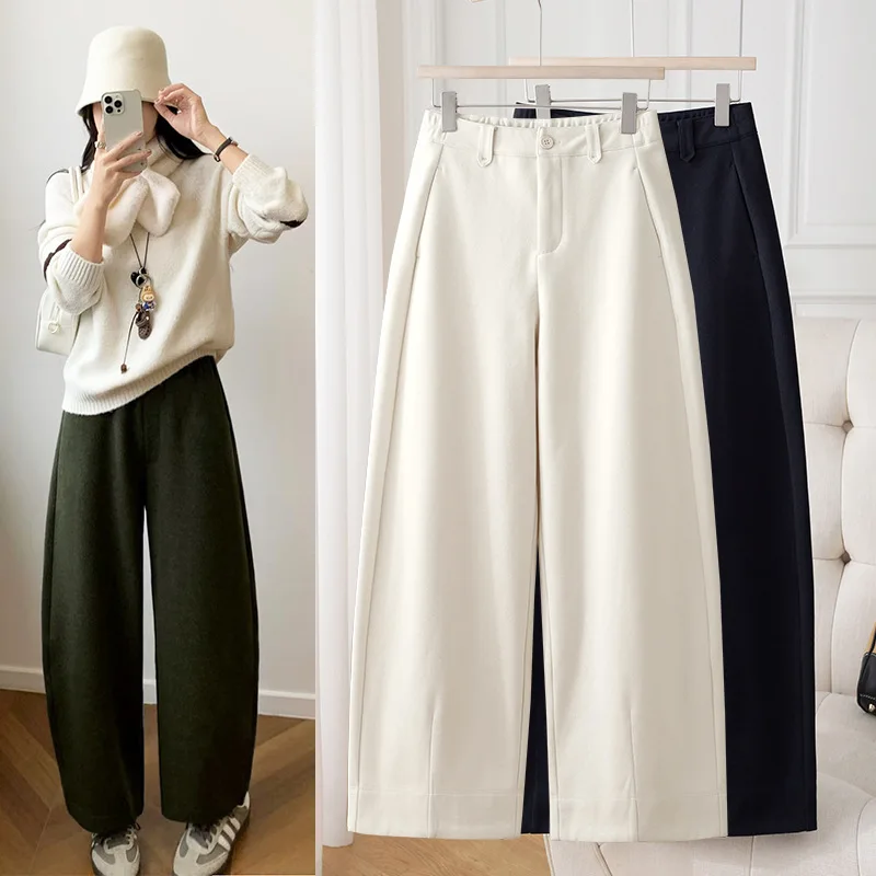 High Waist Thiened Woolen Trousers for Women Autumn Winter Fce Lined Loose Faionable Girls Sle Casual Pants