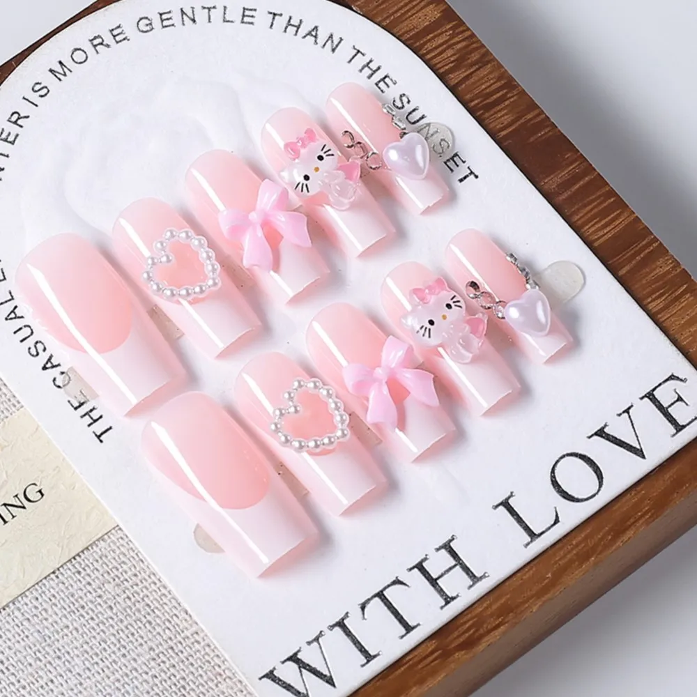 24 قطعة مرحبا كيتي Bowknot اضغط على الأظافر وهمية الوردي الباليه اللوز الفرنسية الأظافر كاذبة كيتي القط اللؤلؤ القلب تصميم أظافر وهمية نصائح #6