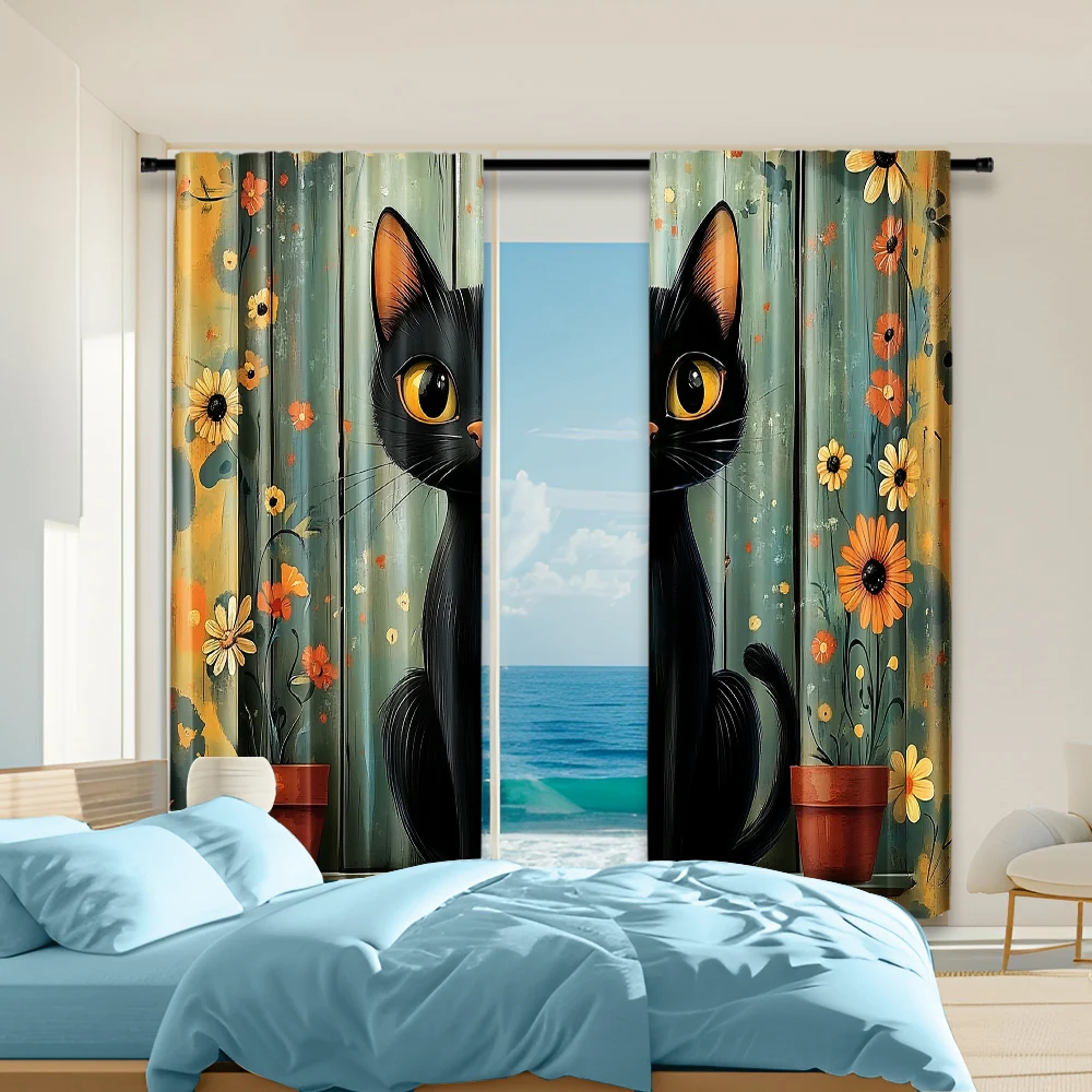 2 pcs, versatile polyester transparent curtains for home decoration Charming Rustic Black Cat & Floral for use in bedrooms and