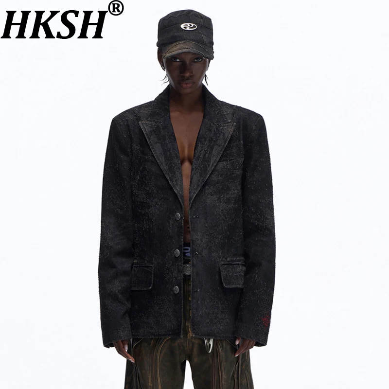

HKSH Spring Autumn New Men Dark Style Destroy Texture Embroidery Denim Blazer Trendy Fashion Washed Women Punk Suit-Coat HK16710