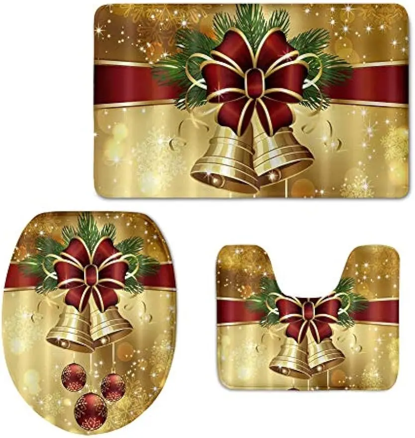 Merry Christmas Bathroom Mat Set with Rug Carpet/Contour/Lid Cover,Xmas Bow Bell Soft Home Decorative Doormat,Gold (3 Piece)