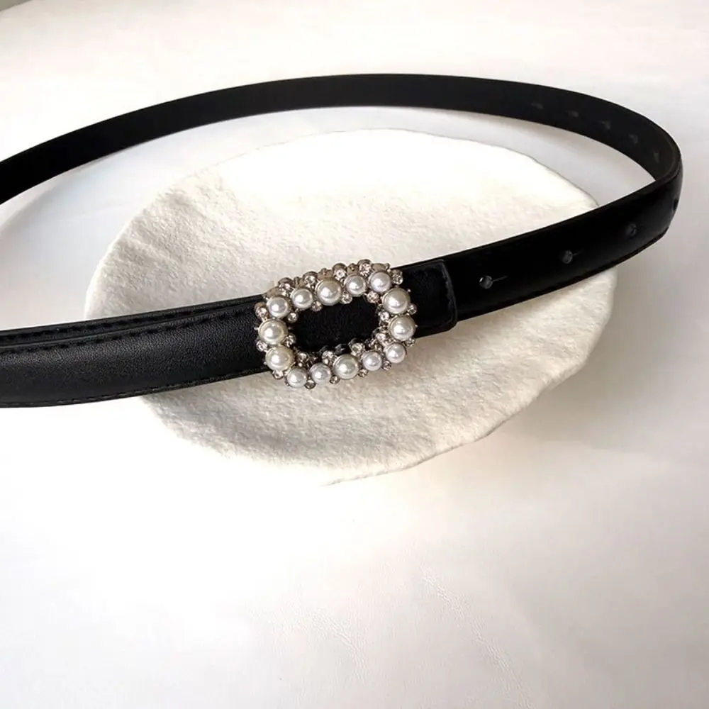Rhinestone Pearl Decorated Women's Waist Belt Black White Single Circle Pin Buckle Waistband Thin Slimming Dress Belt