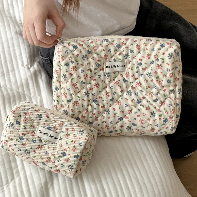 Floral Sweet Women's Storage Bags Retro Corduroy Ladies Cosmetic Bag Travel Portable Female Makeup Case Clutch Purse Handbags