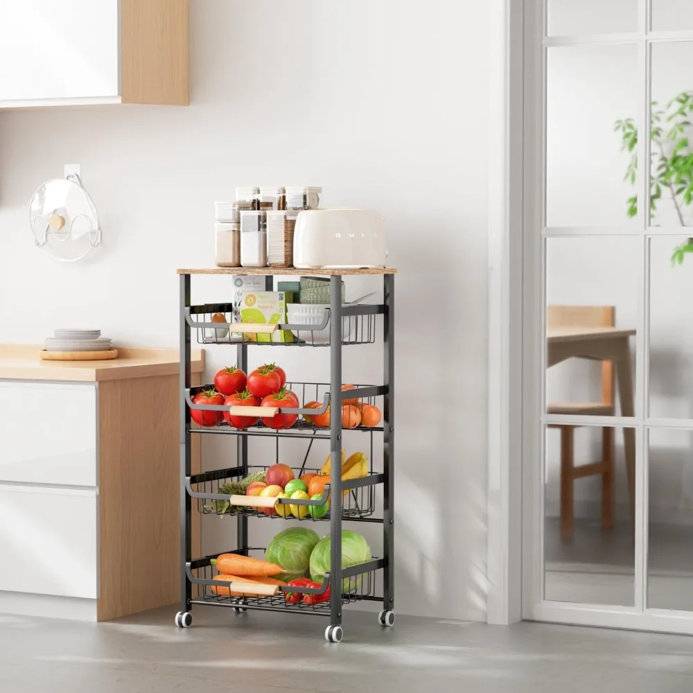 Food Storage Organizer and Rack, Stackable  cart with Desktop, Pull-Out Hollow Metal torage Basket