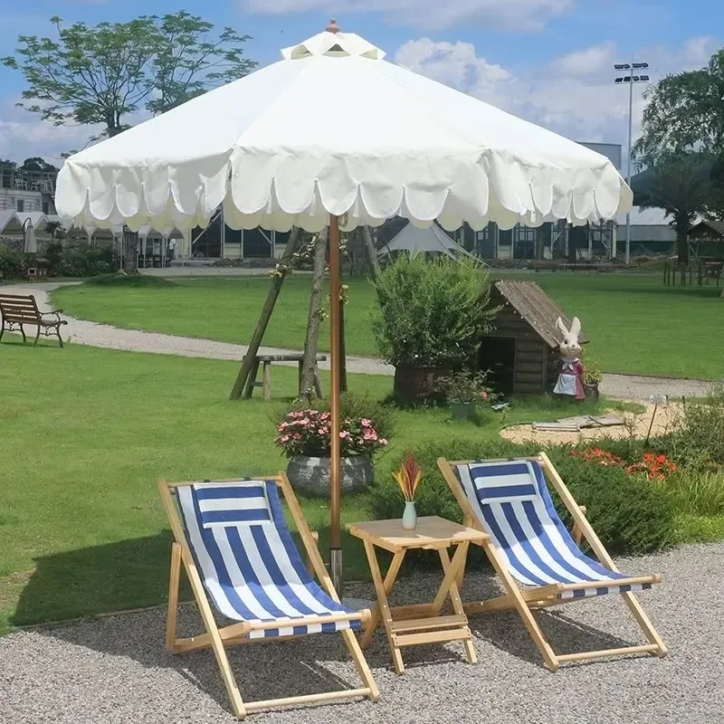 Outdoor Furniture Luxury White Wedding Fringed Beach Umbrella Wood Parasols Garden Beach Umbrella for Outdoor Table