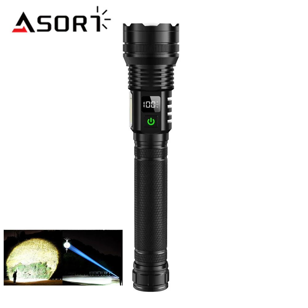 High Power LED Flashlight USB Rechargeable Zoomable Lantern Lamp With Side COB Strong Light Tactical Torch Long Range Spotlight