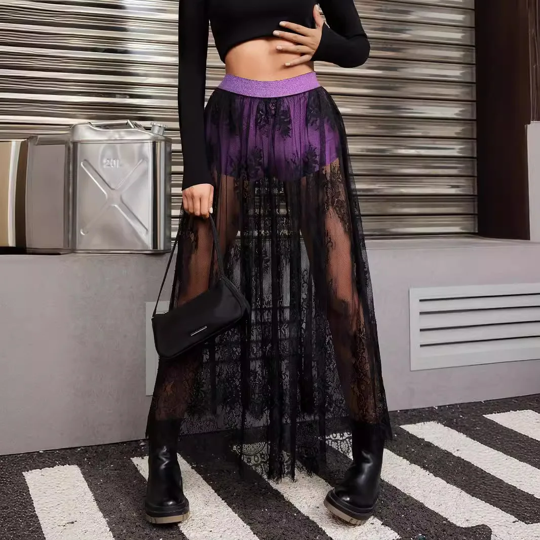 Spring Summer Women's Perspective Skirt Lace Shorts Dark Hot Girls Black High Street Fashion Gray Long Skirt for Female