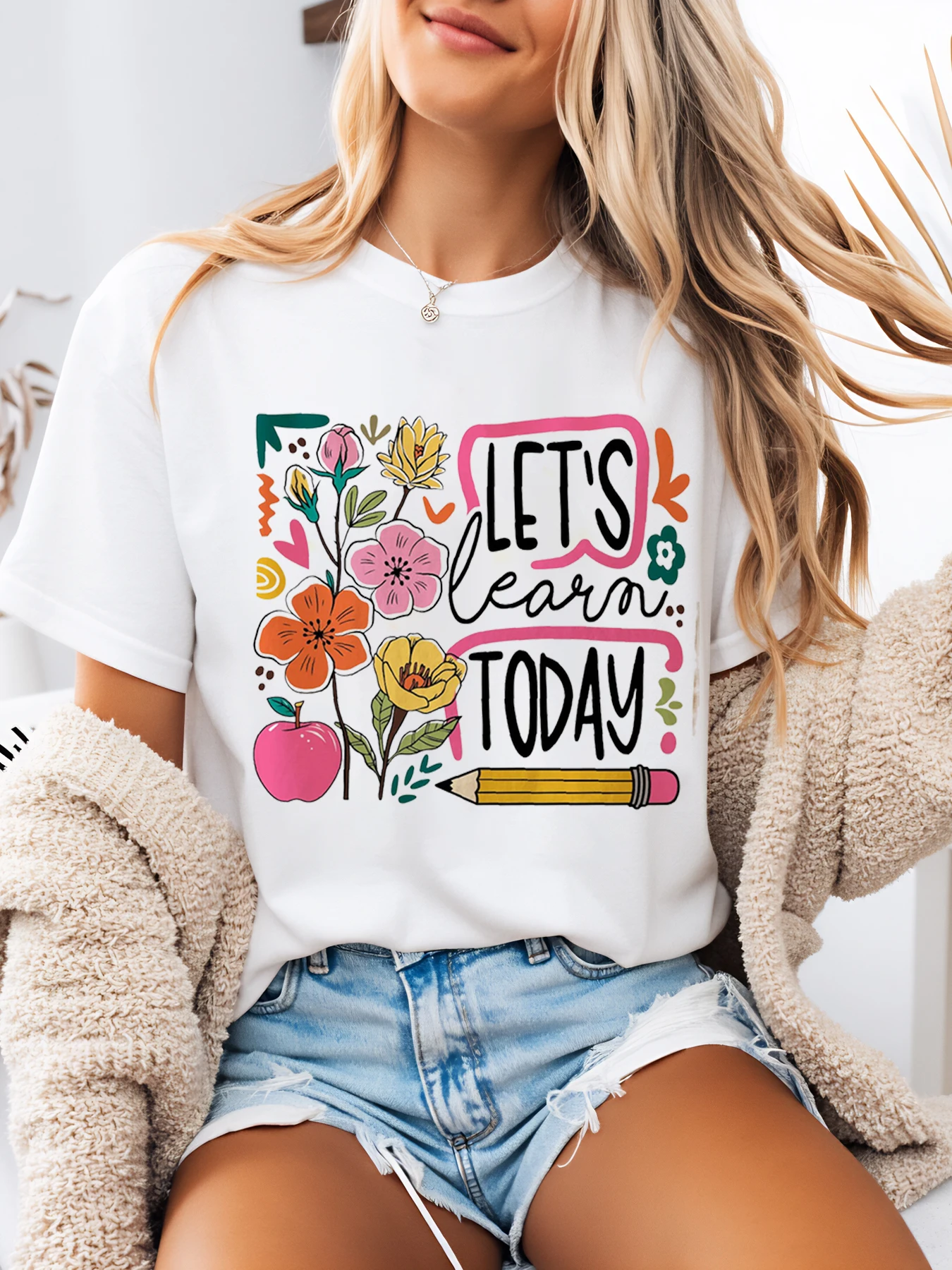 Floral Let's Learn Today Print T-Shirt Teacher Back to School Women Casual Wear White Plus-Size