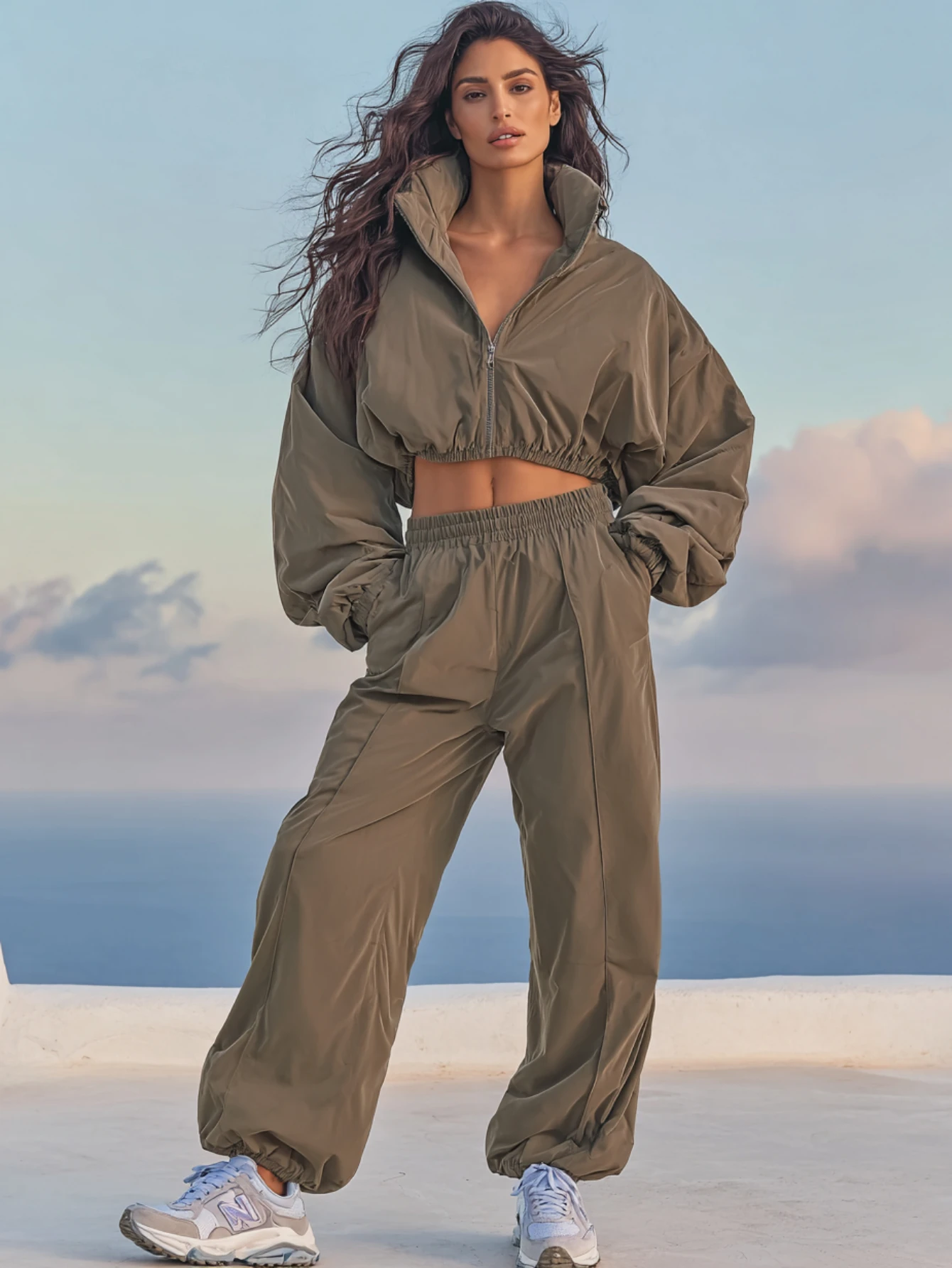 

Mia Muse Select Women's Autumn Sets Casual Basics Zipper Long Sleeve High Neck Cropped Natural Waist Ankle Straight Sets