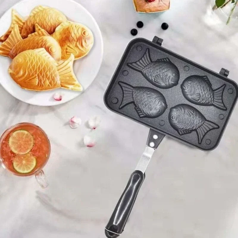 Non-Stick Taiyaki Waffle Maker, Double-Sided Fish-Shaped Pan, 4-Hole Japanese Taiyaki Mold, Easy Release Waffle Cooking Tool