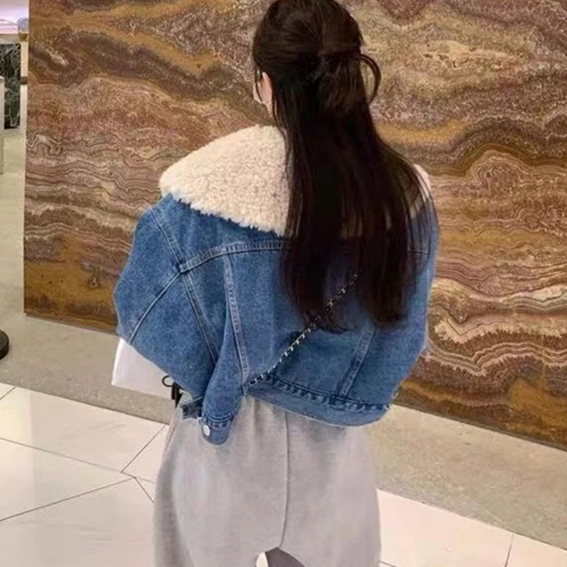 Women Causal Warm Denim Fleece Jacket Large Faux Fur Collar Coat  Winter 2024