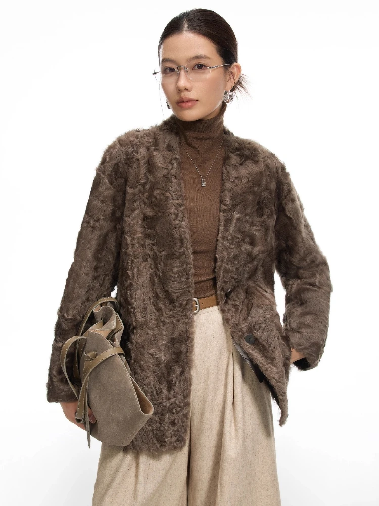 Vestes de luxe en peau d'agneau naturelle pour femmes, haut de gamme, nouveau manteau classique Simple, col en v, en cuir véritable, en peluche, 2025