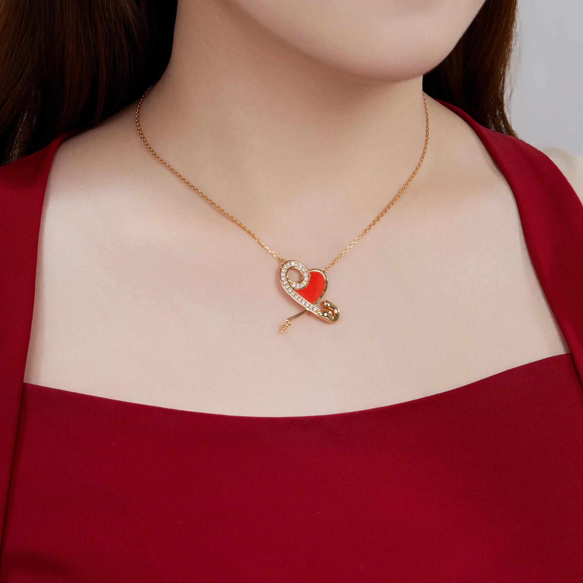 HAIKE Original S925 Sterling Silver Fashion Zircon Gold Plated Neck Chain Cute Red Heart shaped Paper Clip Necklace Pendant