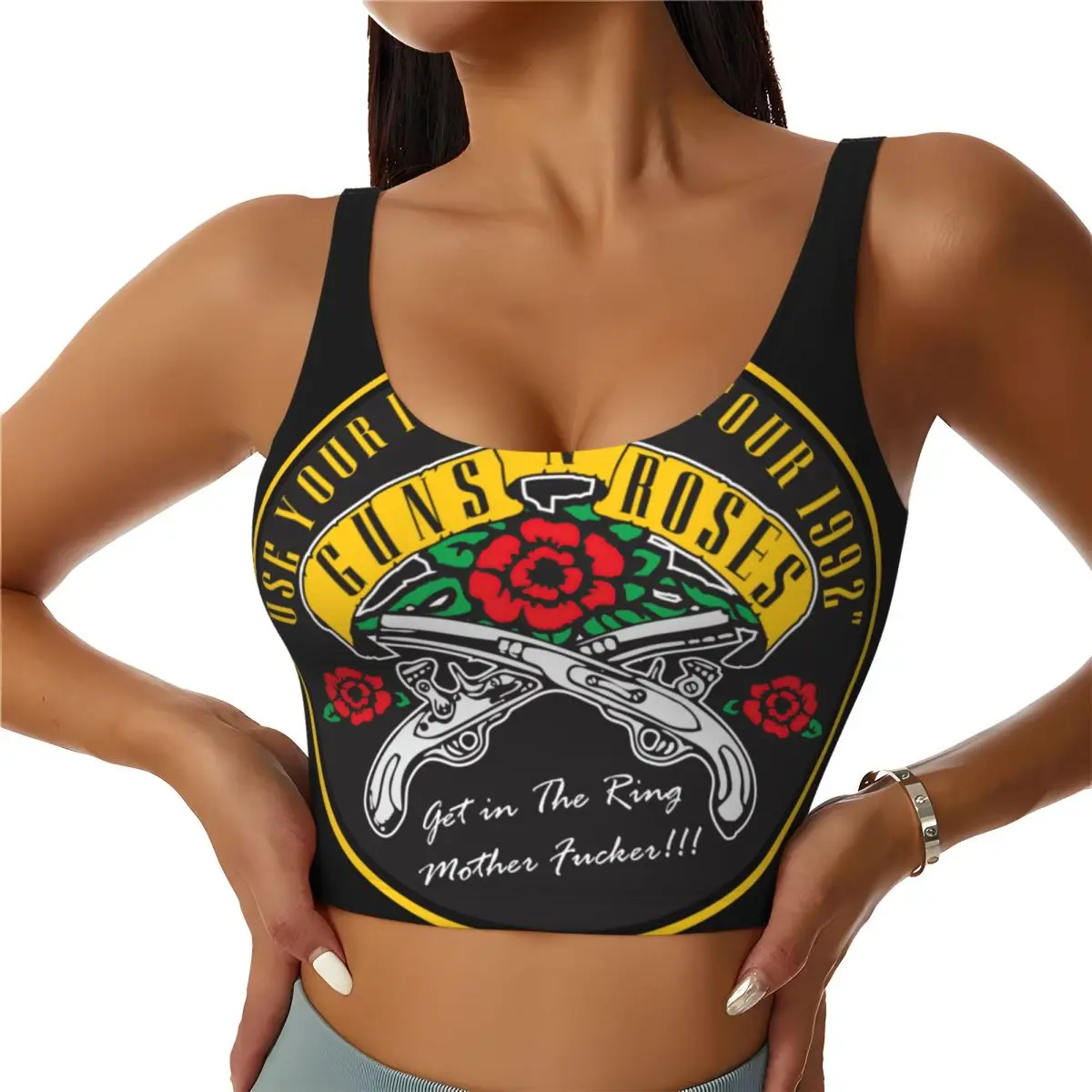 

Custom Guns N Rose Skull Heads Band High Impact Sports Bras for Women Seamless Workout Running Crop Tank Tops