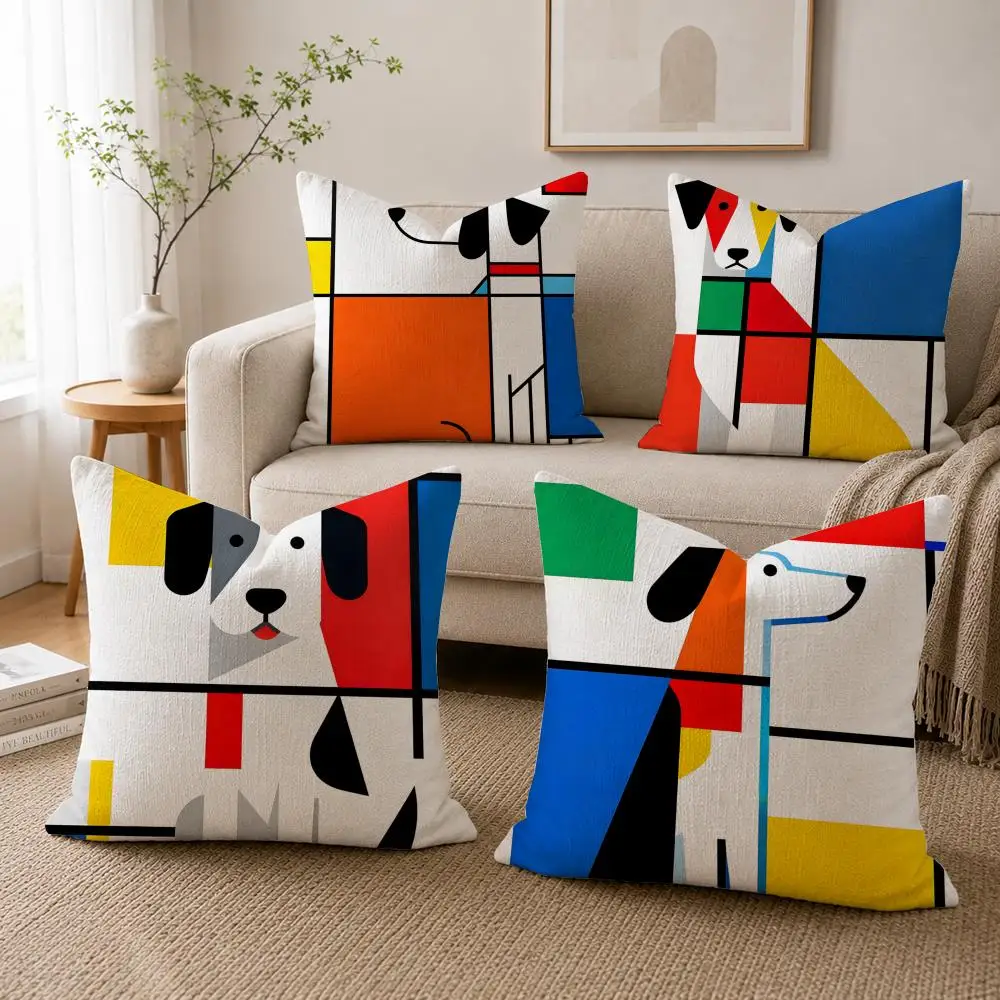 Artwork Mondrian Dog Cushion Cover Linen Double-sided Printed Cushion Cover, sofa pillow case，Nordic Home Decor