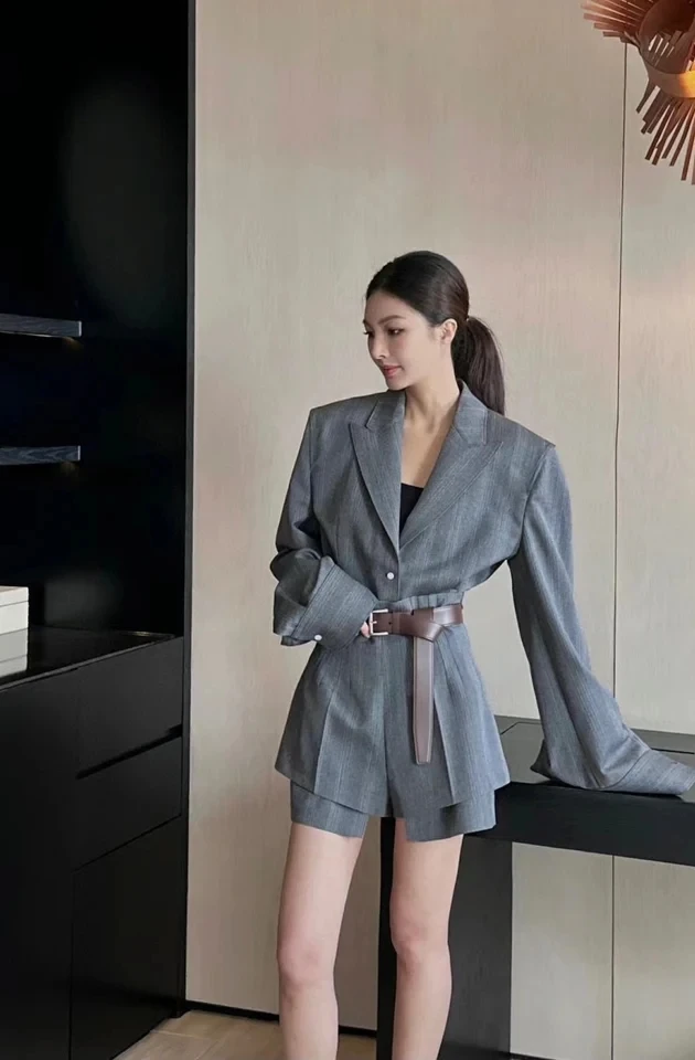 2024New,Spring, Summer,Blazer Coat with High Waist Shorts for Women, Chic Pants Suits Sets, Grey,