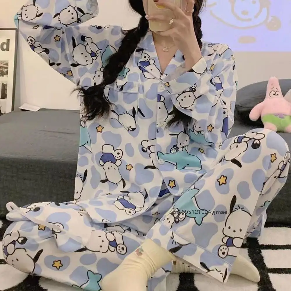 

2 шт., пижамный комплект с длинными рукавами Sanrios Pochacco с рисунком Kawaii Cinnamoroll, весенне-осенняя повседневная домашняя одежда для милых девочек