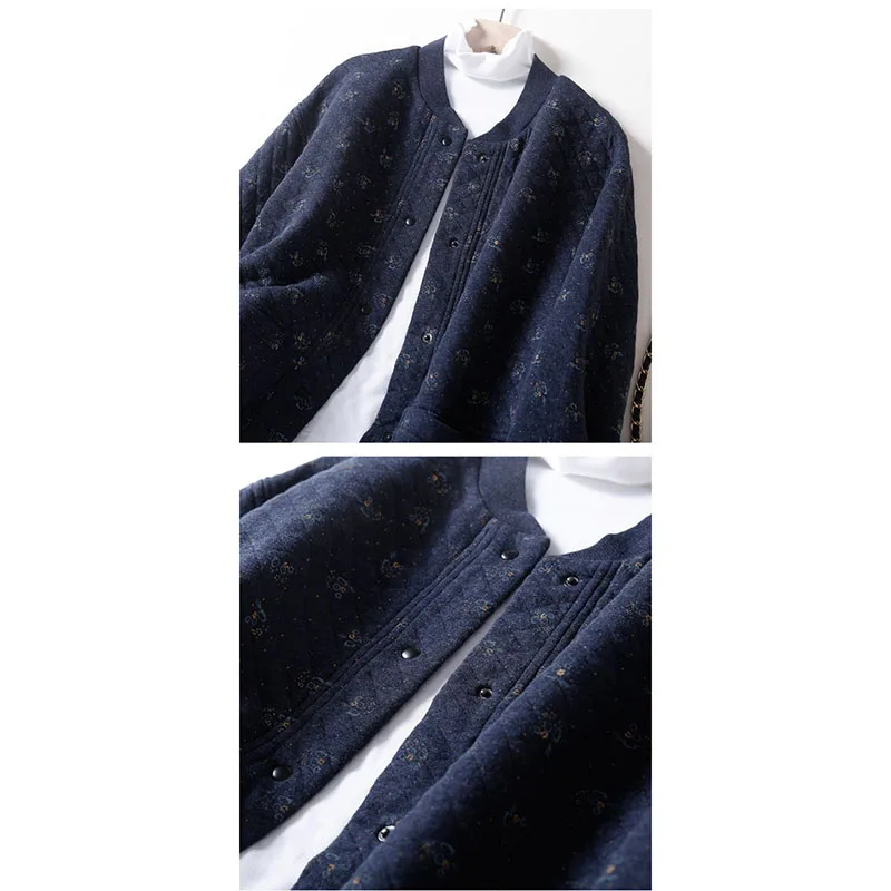 Damen Neue Herbst Und Winter Warme Baumwolle Gefütterte Jacke Mantel Blumenmuster Baumwolle Single-Breas Tasche Rundhals Uniform mantel