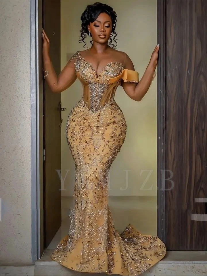 Aso Ebi – robe de bal dorée en dentelle, perles de luxe, épaules dénudées, pour fête de mariage africaine, Gala, anniversaire, robe de soirée formelle, personnalisée, 2025