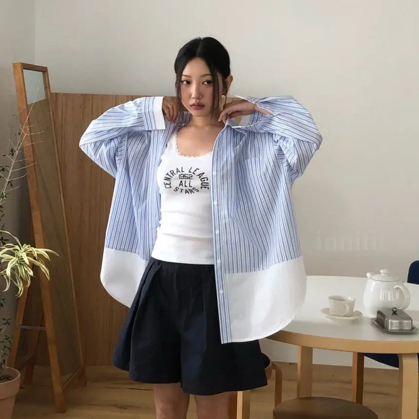 

Long Sve Striped Color Blo irt Women's Faion Design Casual Breathable Cotton French Sle Loose Fit Button up