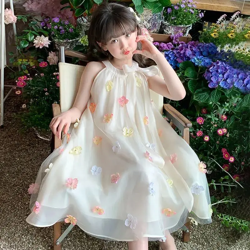 

Dresses Summer Long Bow Tie Daily Kids Girls Clothes Suspenders Dresses for Girls Petals Gauze Skirt Birthday Sleeveless Sweet