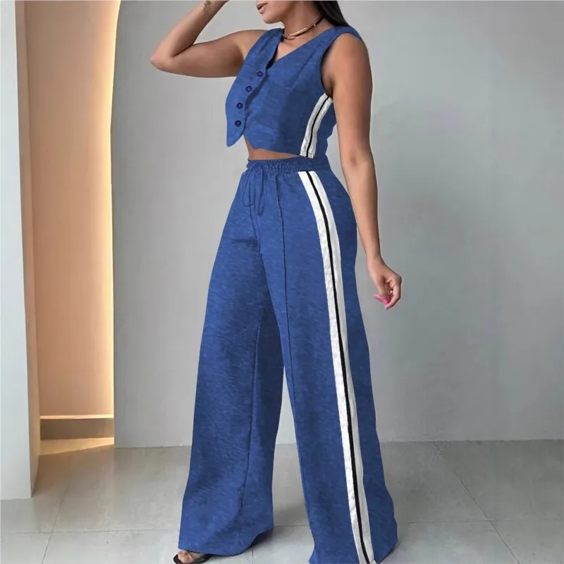 

Elegant Women's 2 Piece Set Summer Striped Print V Neck Button Sleeveless Vest Top Wide Leg Pants Tracksuit Pants Set Outfits