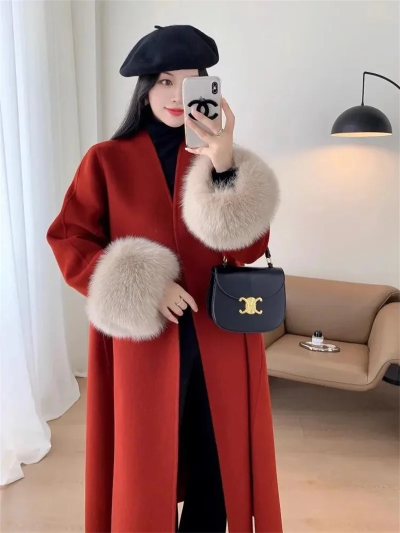 جديد الطبيعية الثعلب الفراء سميكة الوجهين معطف الصوف الإناث طويلة الخريف الشتاء فضفاض الدانتيل متابعة المعاطف الصوفية النساء معاطف الموضة #2