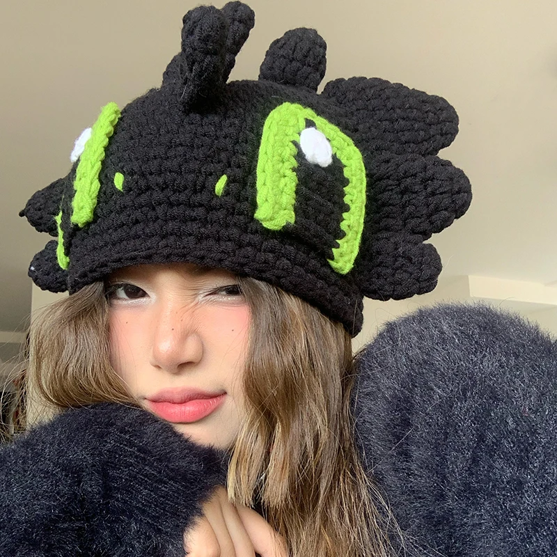 Green Big Eyes Funny Hat Personality Little Devil Wool Hat Women Fashion Brand Niche Ears Tentacles Hand-knitted Hat Winter Man