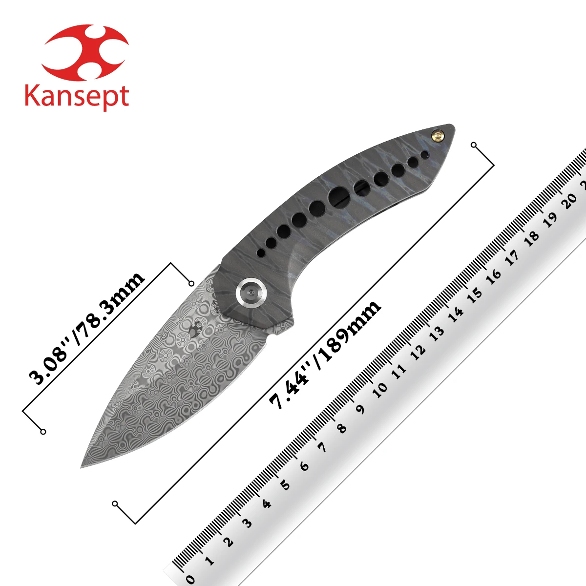 Kansept Knives ODD 21 K1077A5 3.08'' Drop Point Damascus+Titanium with Tiger Stripe Finish Handle Pocket Knife Uesful Camping